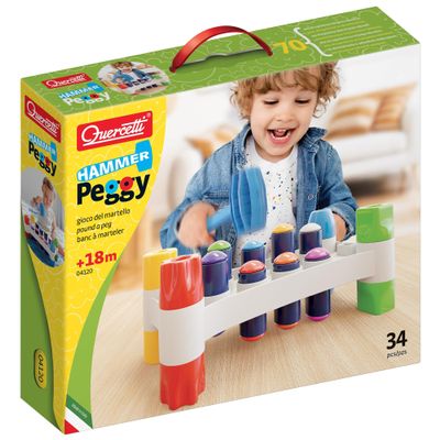 Quercetti: Hammer Peggy - Classic Peg Pounding Bench Toy, Interactive & Colorful, Raise & Lower The Sturdy Board, Cause-Effect Play, Toddler-Kid 18mo+