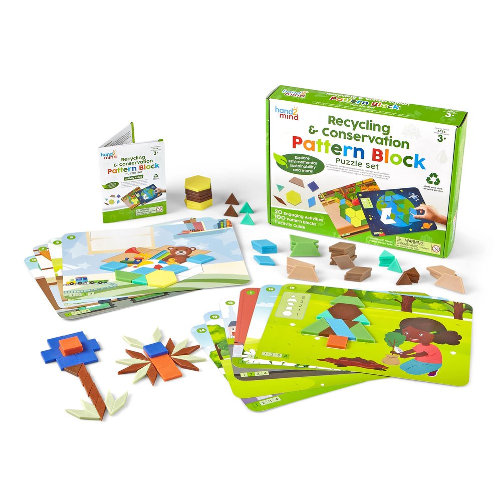 hand2mind Recycling and Conservation Pattern Block Puzzle Set, Tangram Puzzle, Geometric Shapes for Kids, Pattern Blocks Cards, Pattern Play, Toddler Battern Blocks, Kindergarten Learning Activities