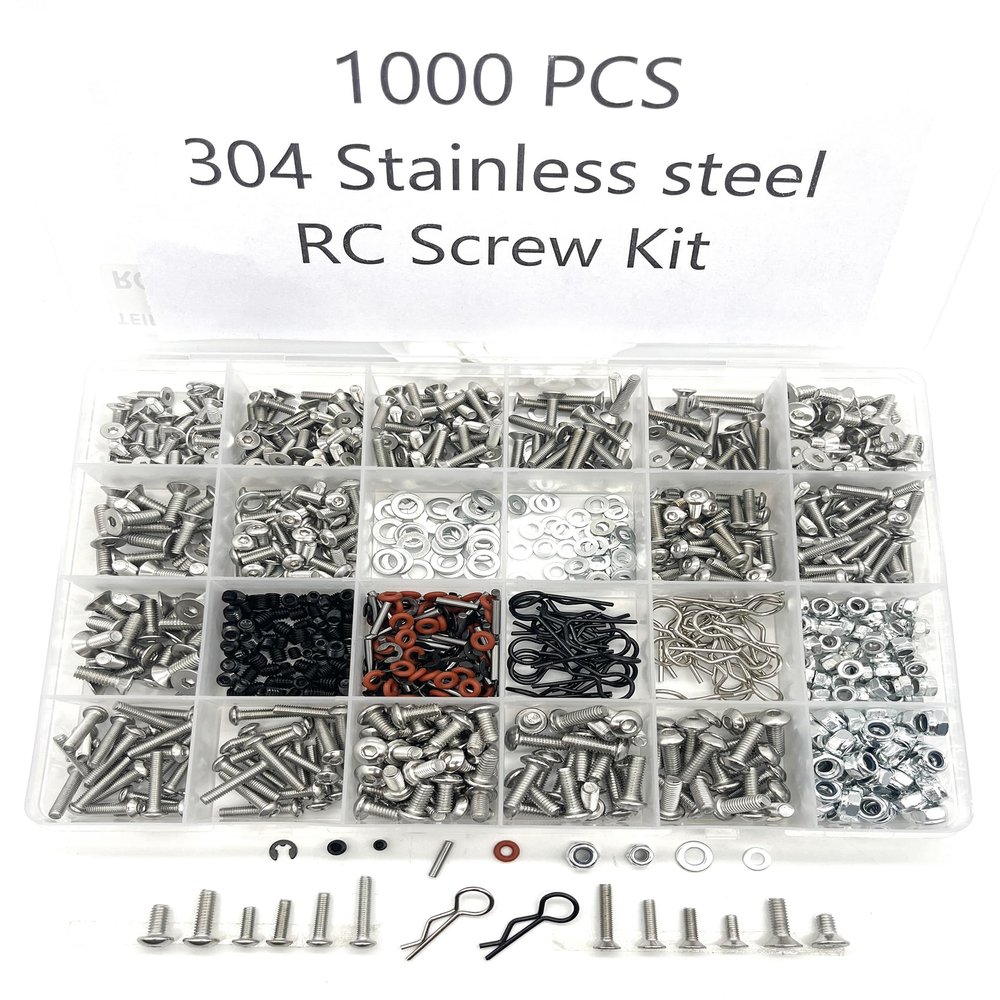 1000pcs Universal RC Screw Kit Screws Assortment Set, Hardware Fasteners for Traxxas Axial Redcat HPI Arrma SCX10 Losi 1/8 1/10 1/12 1/16 Scale RC Cars Trucks Crawler (1000pcs 304 Stainless Steel)
