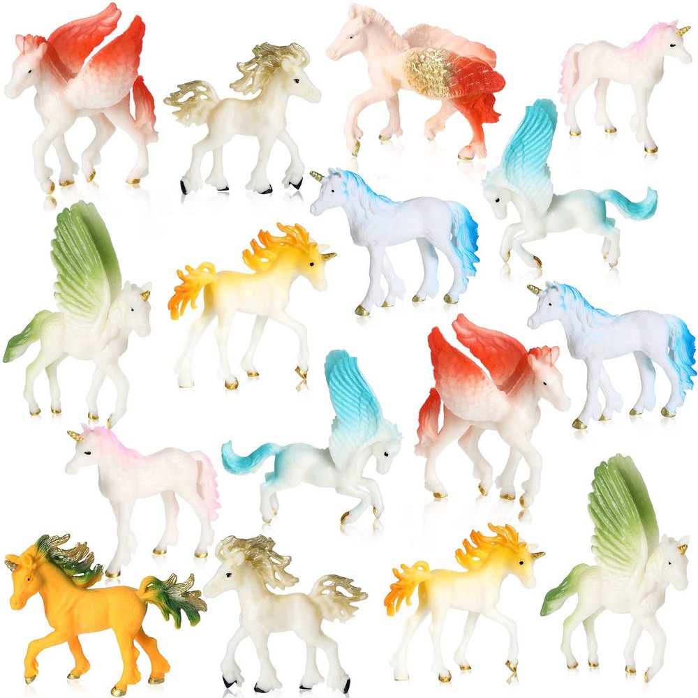 Charniol 16 Pcs Unicorn Figurine Set Includes 12 Pcs Mini Unicorn Figures Figurines Small Plastic 4 Horse Figures for Birthday Christmas Supplies