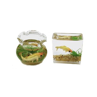 Fish Tank Toy, 1:12 Scale Miniature Dollhoue Accessories, Resin Dollhouse Square Fish Tank & Round Fish Bowls Accessories for Garden Decor Random Color