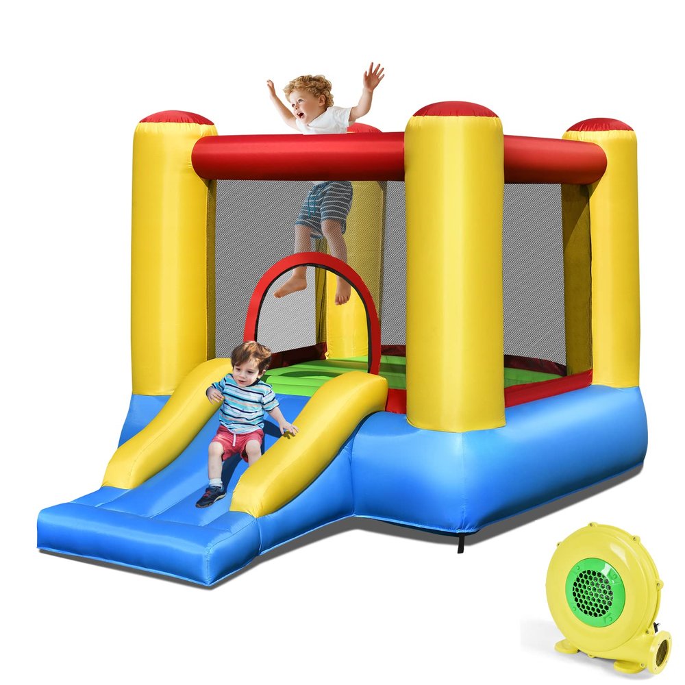 HONEY JOY Inflatable Bounce House, Blow up Moon Bounce for Kids w/Slide, Giant Jumpy Area, Stakes, Carry Bag, Toddler Indoor Outdoor Jumping Bouncy Castle for Backyard Playground (with 480W Blower)