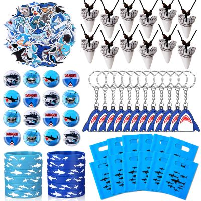 Jerify 110 Pcs Shark Party Favors Keychains Tooth Necklaces, Silicone Bracelet Wristbands Button Pins Gift Bags and Stickers for Birthday Shark Party Supplies Ocean Sea