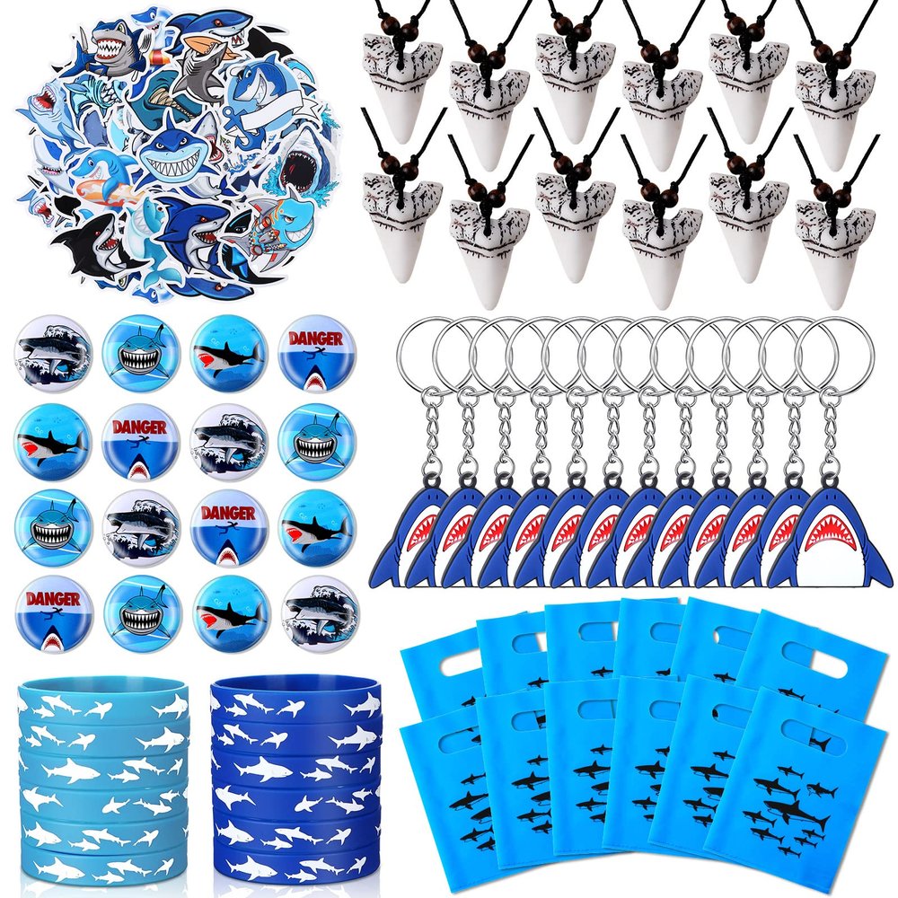 Jerify 110 Pcs Shark Party Favors Keychains Tooth Necklaces, Silicone Bracelet Wristbands Button Pins Gift Bags and Stickers for Birthday Shark Party Supplies Ocean Sea