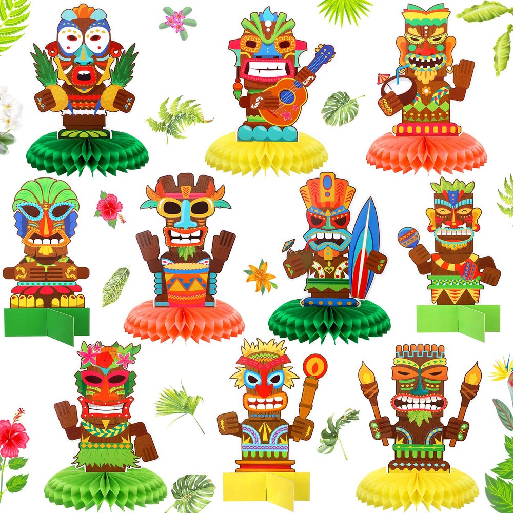 10 PCS Hawaiian Party Decorations Tiki Table Centerpieces Luau Party Decor Tropical Birthday Party Supplies Hawaii Table Topper Aloha Honeycomb Centerpieces for Summer Beach Party Favor