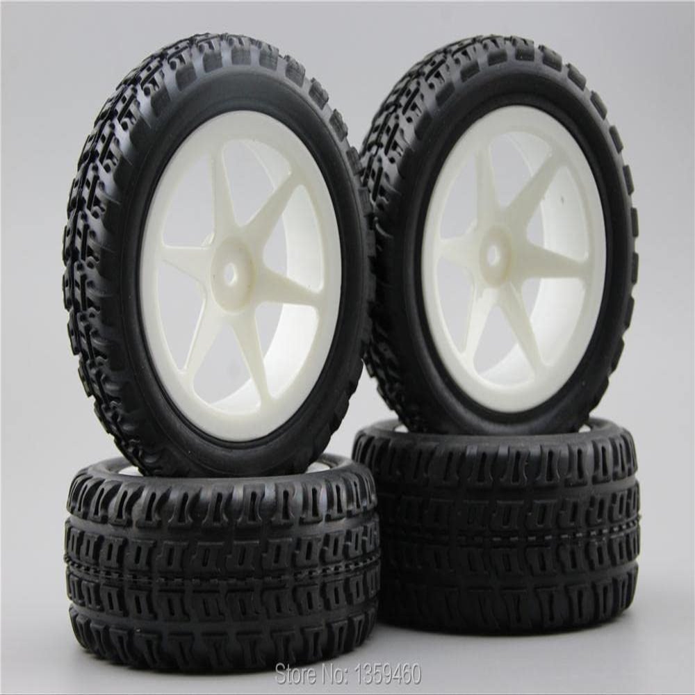 Replacement Part For 4pcs 1/10 Buggy Off Road Tire Tyre Front&Rear 6 Spoke White Wheel Rim Fit For 1:10 4WD Buggy Car 1/10 Tire 25034+27009 - (Color: No Glue)