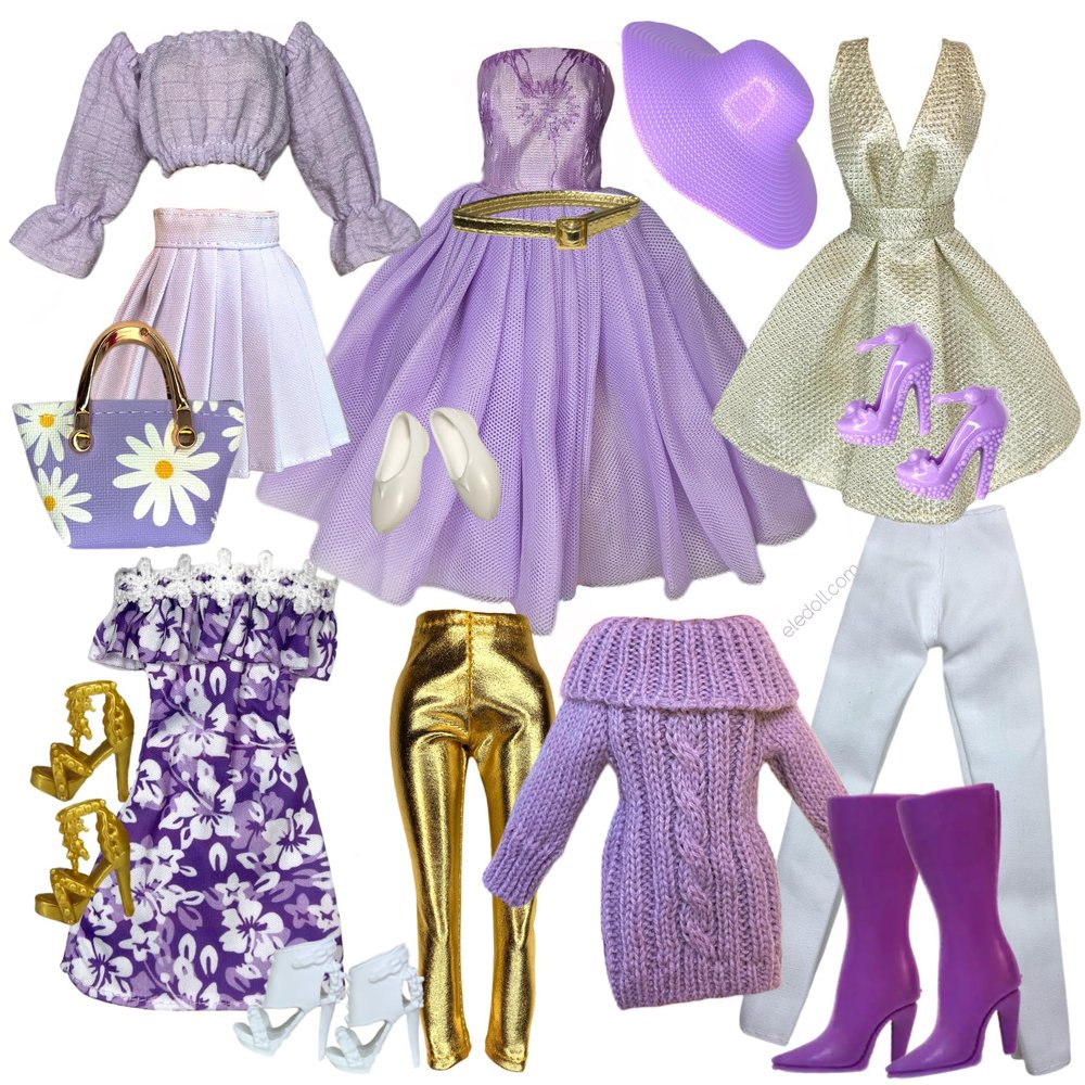 Eledoll Clothes Deluxe Fashion Pack for 11.5 inch - 12 inch Fashion Doll Purple Gold Set Lilly