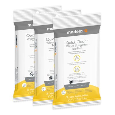 Medela Quick Clean Wipes for On-The-Go Cleaning of Breast Pumps, Accessories, and Various Surfaces, Resealable, Plant-Based, 3 Packs of 30 (90 Count)