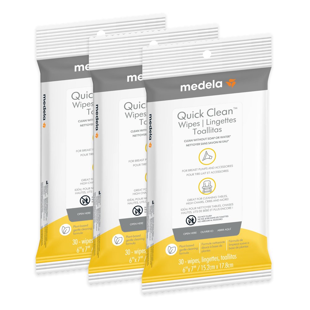 Medela Quick Clean Wipes for On-The-Go Cleaning of Breast Pumps, Accessories, and Various Surfaces, Resealable, Plant-Based, 3 Packs of 30 (90 Count)
