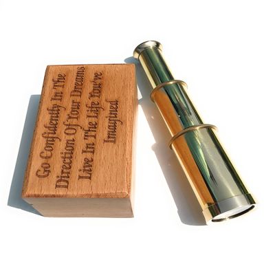 Brass Telescope Pirate Spyglass with Personalized Wooden Box 6 Inch Handheld Nautical Sailor Gift (Go Confidently Quote)