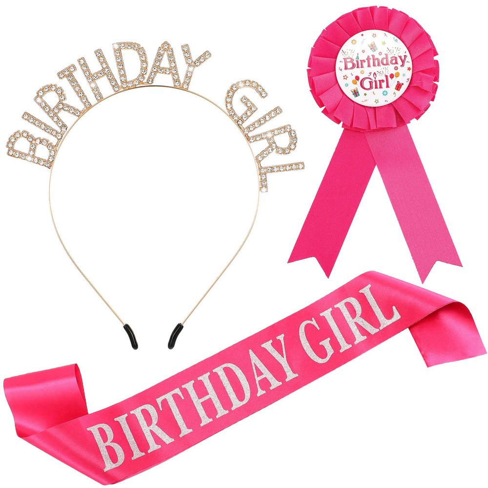 Geosar Birthday Girl Crown and Dress up Set - Sash Ribbon Medal Gold Rhinestone Tiara Headband Gifts for Women Kid Girls Birthday Party Sweet Happy Accessories
