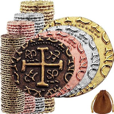 Leib Games Metal Pirate Coins - 100 Bronze, Silver, Gold & Rose Gold Treasure Coin Set, Metal Replica Spanish Doubloons for Pirate Party Decorations & Favors, Tokens, Toys, Cosplay, Treasure Chest