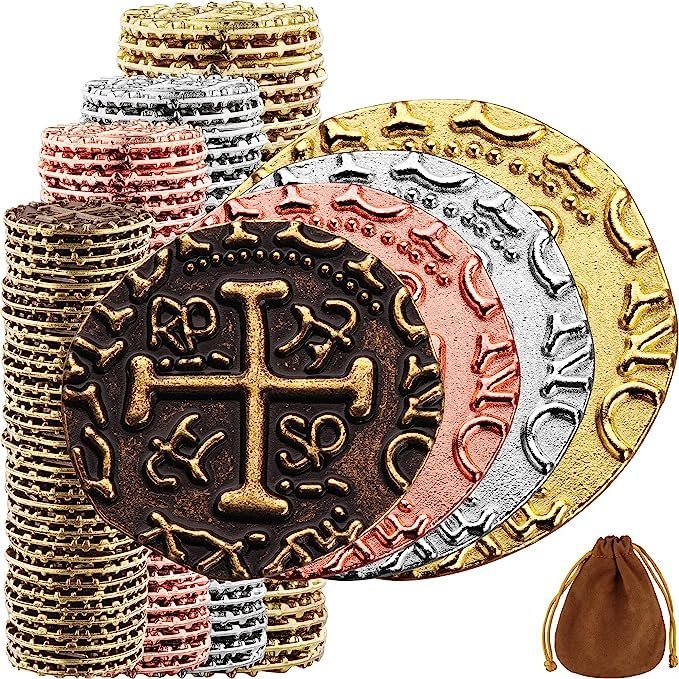 Leib Games Metal Pirate Coins - 100 Bronze, Silver, Gold & Rose Gold Treasure Coin Set, Metal Replica Spanish Doubloons for Pirate Party Decorations & Favors, Tokens, Toys, Cosplay, Treasure Chest