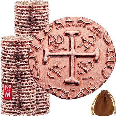 Large Metal Pirate Coins - 100 Rose Gold Treasure Coin Set, Metal Replica Spanish Doubloons for Pirate Party Decorations & Favors, Tokens, Toys, Cosplay - Pirate Treasure Chest - Size 0,98"