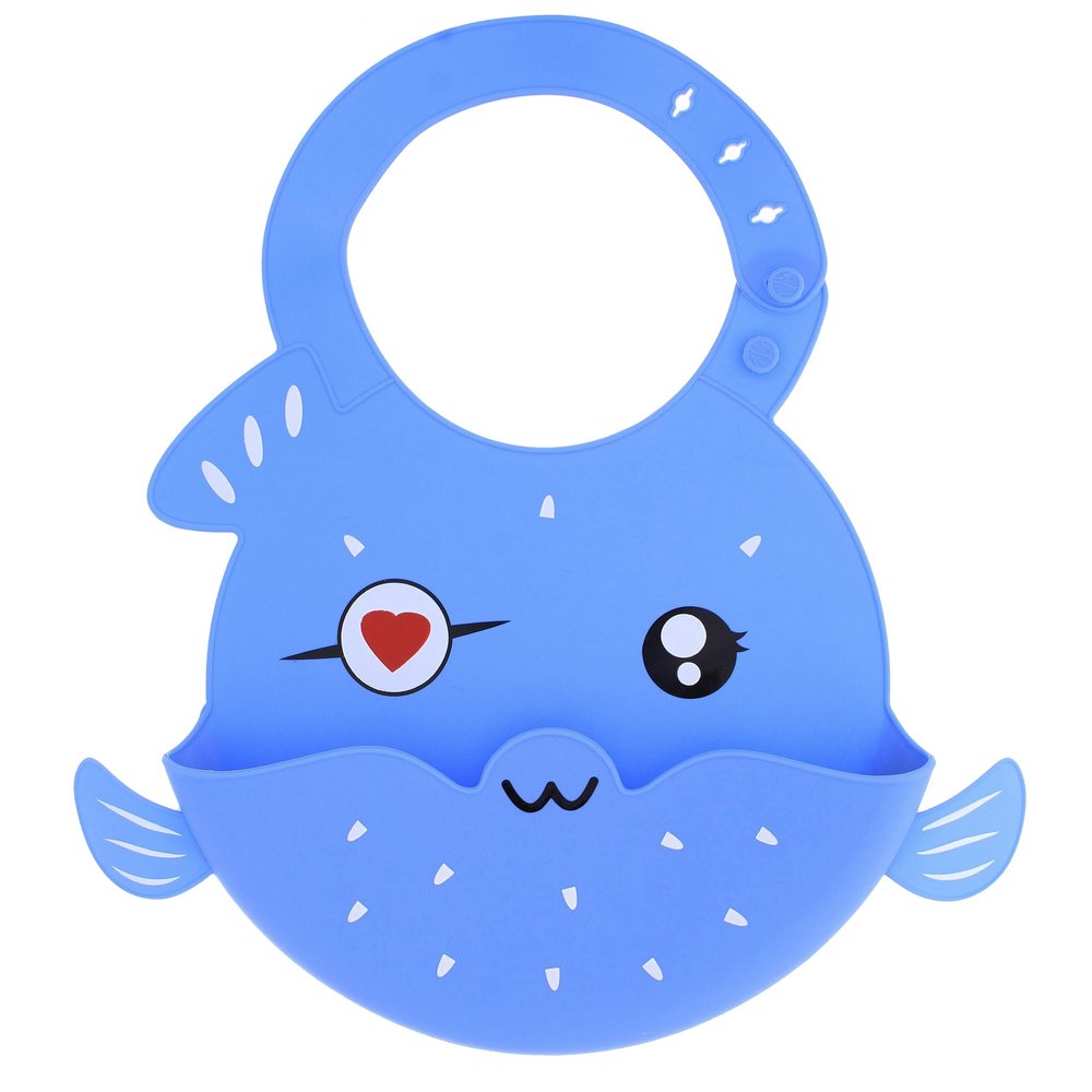 Acorn Baby Silicone Bibs with Food Catcher Pocket - Adjustable Blue Fish Feeding Bibs with Trough for Littles