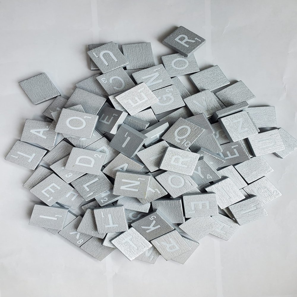 Planet Xpress Wood Scrabble Tiles Set 100 Tiles ~ Game Replacement, Scrapbooking, Crafts, Messages, Etc. (Metallic Silver, 100 Tiles)