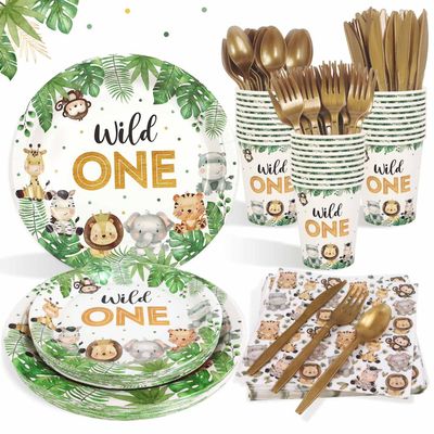 175 Pcs Wild One Birthday Decorations Plates Set 25 Guests, Safari Jungle Baby Shower Theme Paper Plates Napkins Cups Cutlery Set Boys First 1st Party Supplies