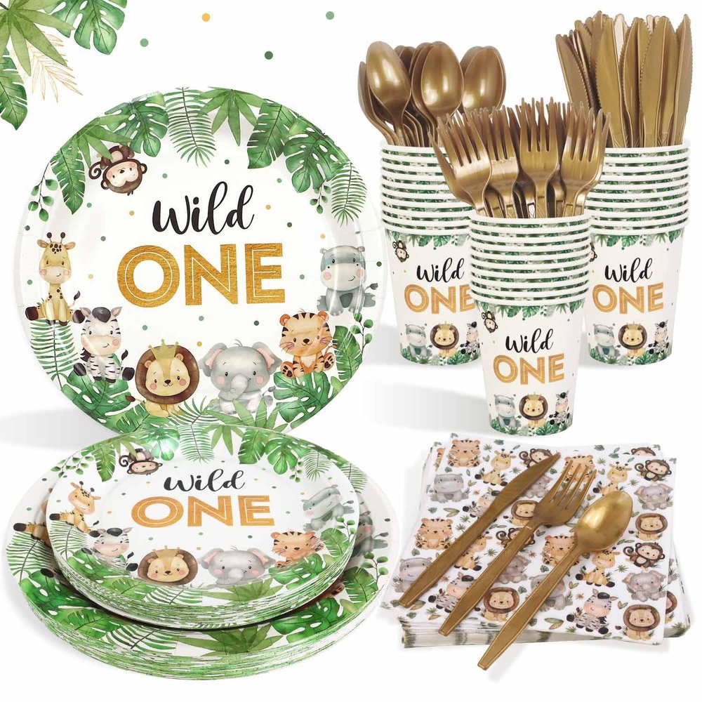 175 Pcs Wild One Birthday Decorations Plates Set 25 Guests, Safari Jungle Baby Shower Theme Paper Plates Napkins Cups Cutlery Set Boys First 1st Party Supplies