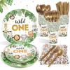 175 Pcs Wild One Birthday Decorations Plates Set 25 Guests, Safari Jungle Baby Shower Theme Paper Plates Napkins Cups Cutlery Set Boys First 1st Party Supplies view 1