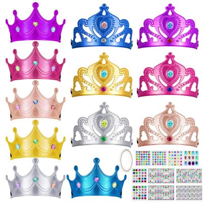 Benvo 12 Pieces Foam Tiaras and Crowns with Gem Diamond Stickers for DIY Your Own Princess Queen Tiaras Prince King Crowns Kids Birthday Party Hats(Hundreds of Self-stick Gems and 1 Adhesive Tape)