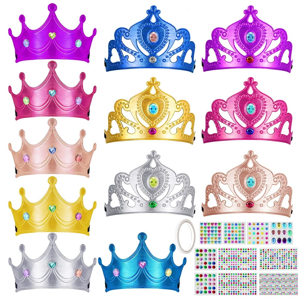 Benvo 12 Pieces Foam Tiaras and Crowns with Gem Diamond Stickers for DIY Your Own Princess Queen Tiaras Prince King Crowns Kids Birthday Party Hats(Hundreds of Self-stick Gems and 1 Adhesive Tape)