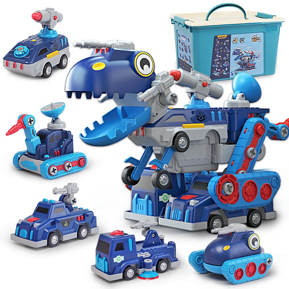 Take Apart Vehicle Magnetic Toy, 5-in-1 Tool Building Trucks Transform to Dinosaur Robot STEM Assemble Car with Storage Box, Kids Holiday Present Child Birthday Gift for 3 4 5 6 7 8 Year Boys Girls
