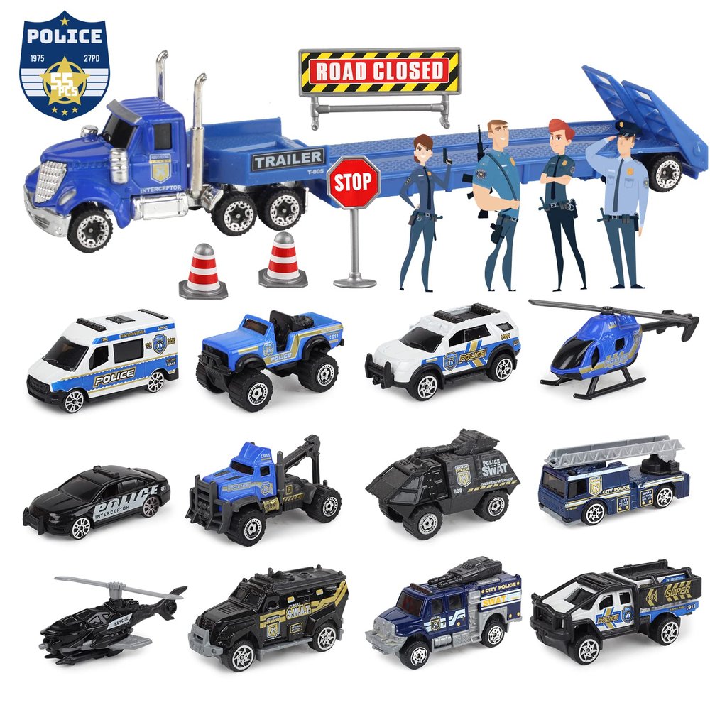 Oriate Diecast Police Rescue City S.W.A.T. Car Toys Set w/Heavy Duty Trailer Patrol, 13PCS Alloy Mini Police Vehicles Transport Trailer, Road Signs and Birthday Cake Topper Stickers for Kids