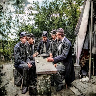 1862 friends playing dominoes at mess table. 11 X 14" Photo Print