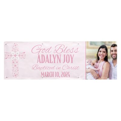 Let's Make Memories Personalized Baptism Photo Banner - Christening - Religious Celebration - Party Decoration - Indoor/Outdoor Vinyl - Pink - 8ft (32"Hx96"L)