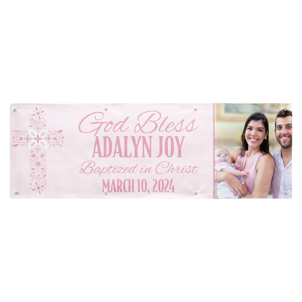 Let's Make Memories Personalized Baptism Photo Banner - Christening - Religious Celebration - Party Decoration - Indoor/Outdoor Vinyl - Pink - 8ft (32"Hx96"L)
