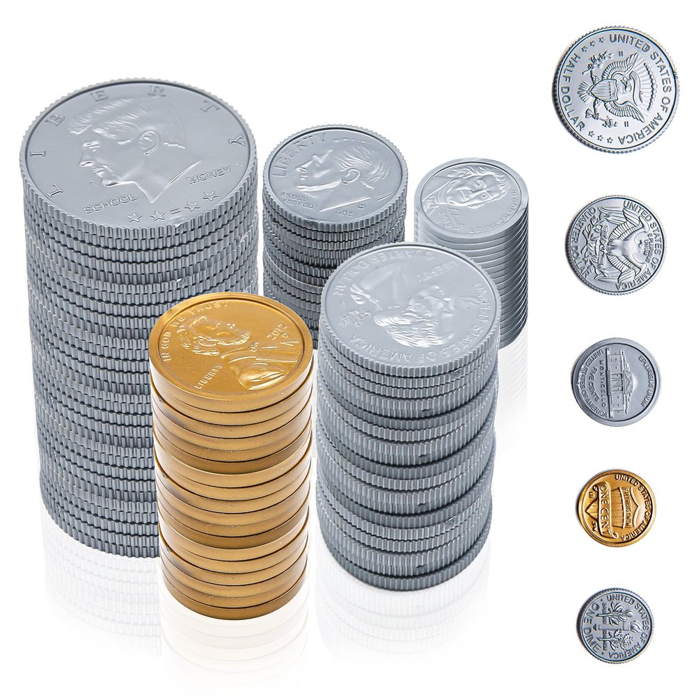 Fake Coins for Kids, 200pcs Play Money Coins Set for Kids Cash Register, Toy Coins and Play Coins That Looks Real Actual Size, Play Money for Pretend