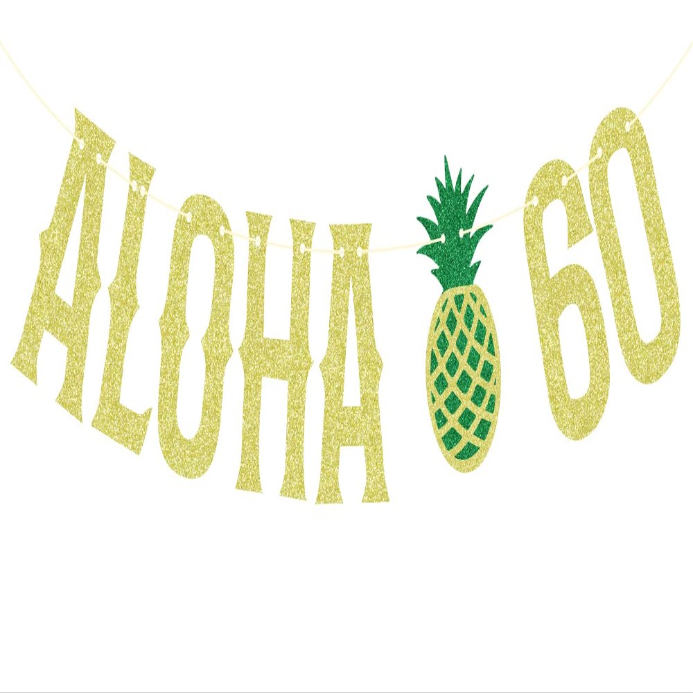 Aloha 60 Banner, Hawaiian Aloha Party Decorations, Luau Party Supplies, Tropical Theme Summer Beach Pool Party Decorations, Luau 60th Birthday Party Supply Gold Glitter