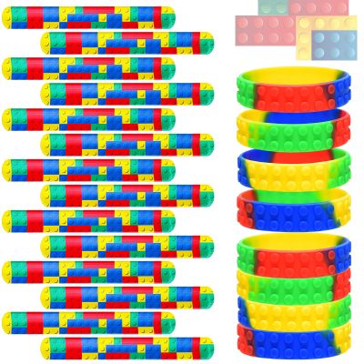 Civaner 48 Pieces Building Blocks Party Favors Building Block Slap Bracelets Silicone Wristband Color Brick Party Slap Bracelet for Colorful Birthday Party Favors