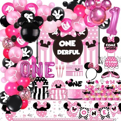 185 Pcs Pink 1st Birthday Party Decorations, Girls Onederful Balloons Arch Garland Kit, Pink Cartoon Onederful Backdrop, TableCloth, Tableware for Girl's First Birtdhay Party Supplies