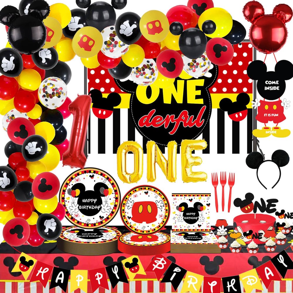 215 Pcs Red 1st Birthday Party Decorations, Boys Onederful Balloons Arch Garland Kit, Red Cartoon Onederful Backdrop, TableCloth, Tableware for Boy's First Birtdhay Party Supplies