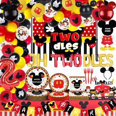 214 Pcs Oh Twodles Birthday Party Decorations, Oh Twodles Balloons Arch Garland Kit, Boys Two Backdrop, TableCloth, Tableware for Red Boys 2nd Birtdhay Party Supplies