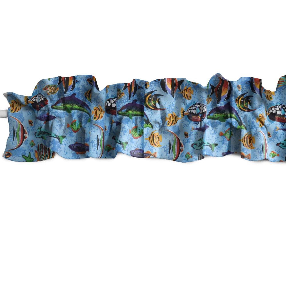 Zen Creative Designs Cotton Fish Print Sleeve Topper Window Valance Top Bottom Ruffle Animal Print Home Dcor Bedroom Nursery Kitchen Window (120" Wide x 9" Tall, Light Blue)