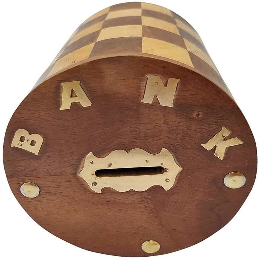 Zifron Wood Store Handmade Wooden Chess Print Money Bank ///Round Shape Money Bank//Coin Storage Box for Kids