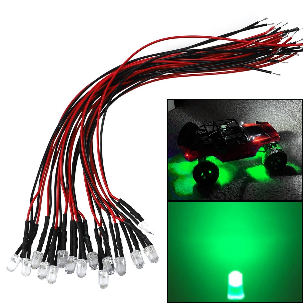 15PCS HIRCQOO RC Car 3MM & 5MM Pre Wired Led Light Emitting Diodes 12V Mini Single Led Bulbs Compatible with Traxxas TRX-4 TRX-6 Axial SCX10 90046 1/10 RC Crawler Car Truck DIY Parts (3mm,Green)