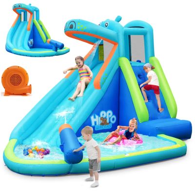 HONEY JOY Inflatable Water Slide, Hippo Theme Blow Up Water Park Bounce House for Backyard, Climbing Wall & Slide, Indoor Outdoor Waterslides Inflatables for Kids and Adults(with 750w Blower)