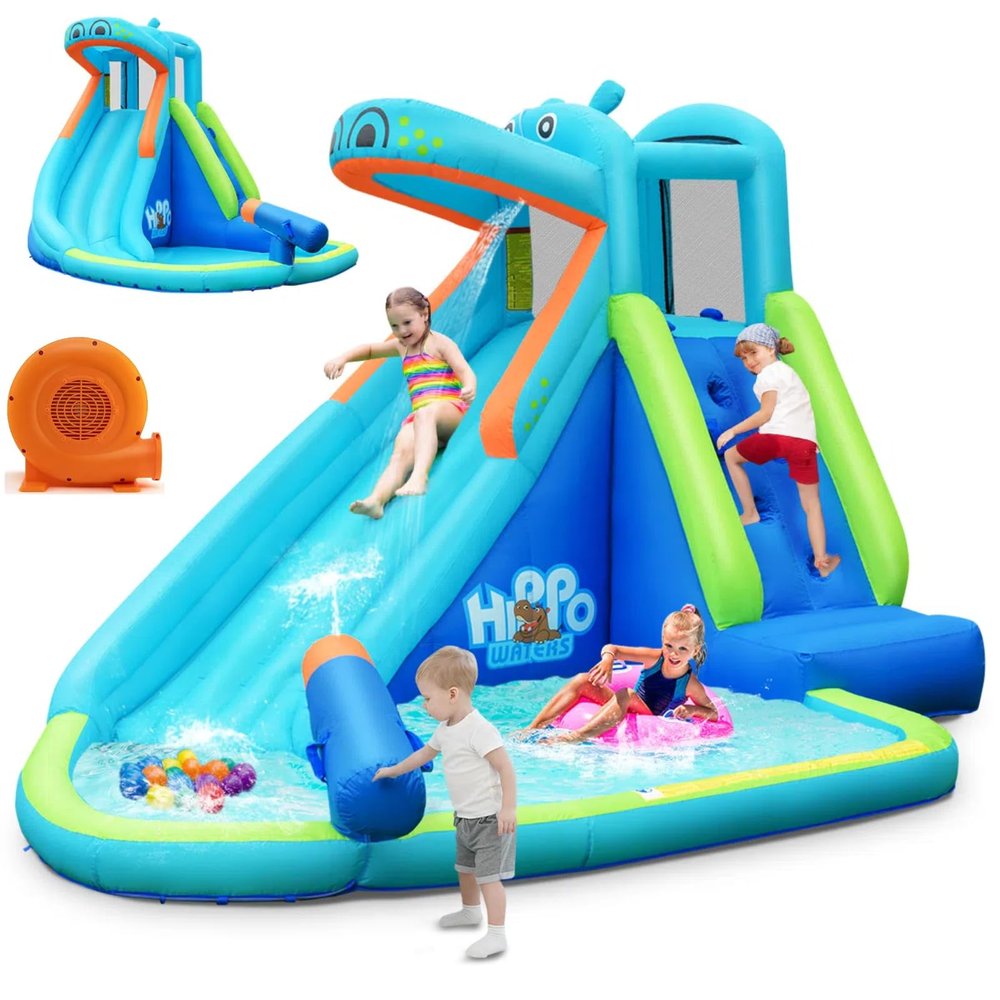 HONEY JOY Inflatable Water Slide, Hippo Theme Blow Up Water Park Bounce House for Backyard, Climbing Wall & Slide, Indoor Outdoor Waterslides Inflatables for Kids and Adults(with 750w Blower)