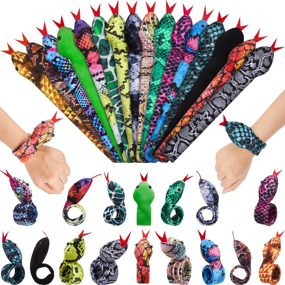 Chivao 16 Pcs Snake Slap Bracelets Reptile Snap Bracelets Fuzzy Animal Bracelet Stuffed Snap Bands Slap for Birthday Party Favors(Snake Style)
