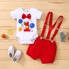 Baby Boys First 1st Birthday Cake Smash Outfit Diaper Cover + Suspenders + Bowtie + Headband for Photo Props Red 9-12 Months view 2