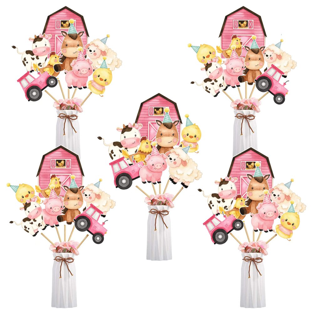 Farm Animal Centerpiece Sticks Pink for Farm Themed Party Table Toppers Barnyard Party Decorations for Girls Baby Shower Birthday Party - 24 Pcs