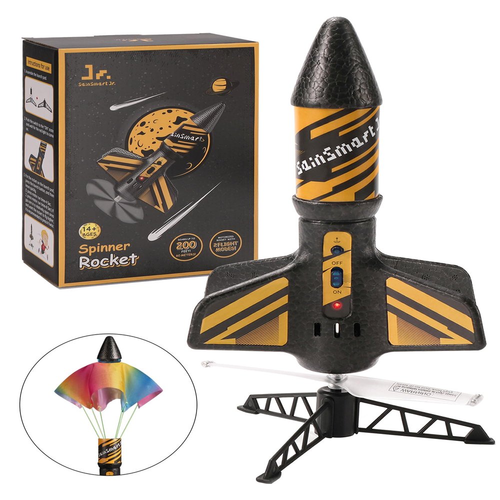 SainSmart Jr. Rocket Launcher for Kids, 200 Feet of Flight Altitude, Motorized Air Rocket with Parachute, Self-Launching Outdoor Toy with Safely Land, Black