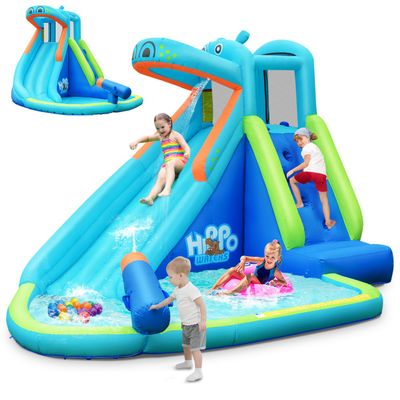 HONEY JOY Inflatable Water Slide, Hippo Theme Blow Up Water Park Bounce House for Backyard, Climbing Wall & Slide, Indoor Outdoor Waterslides Inflatables for Kids and Adults(Without Blower)