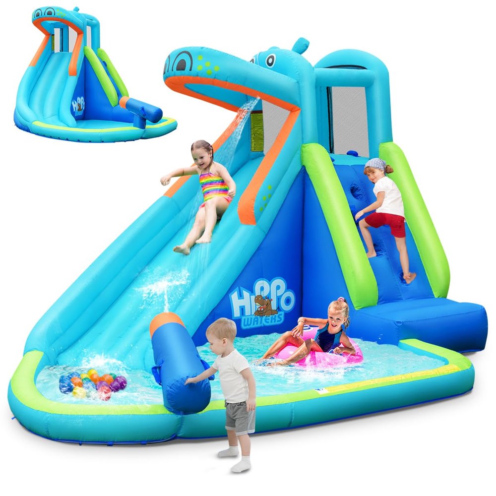 HONEY JOY Inflatable Water Slide, Hippo Theme Blow Up Water Park Bounce House for Backyard, Climbing Wall & Slide, Indoor Outdoor Waterslides Inflatables for Kids and Adults(Without Blower)