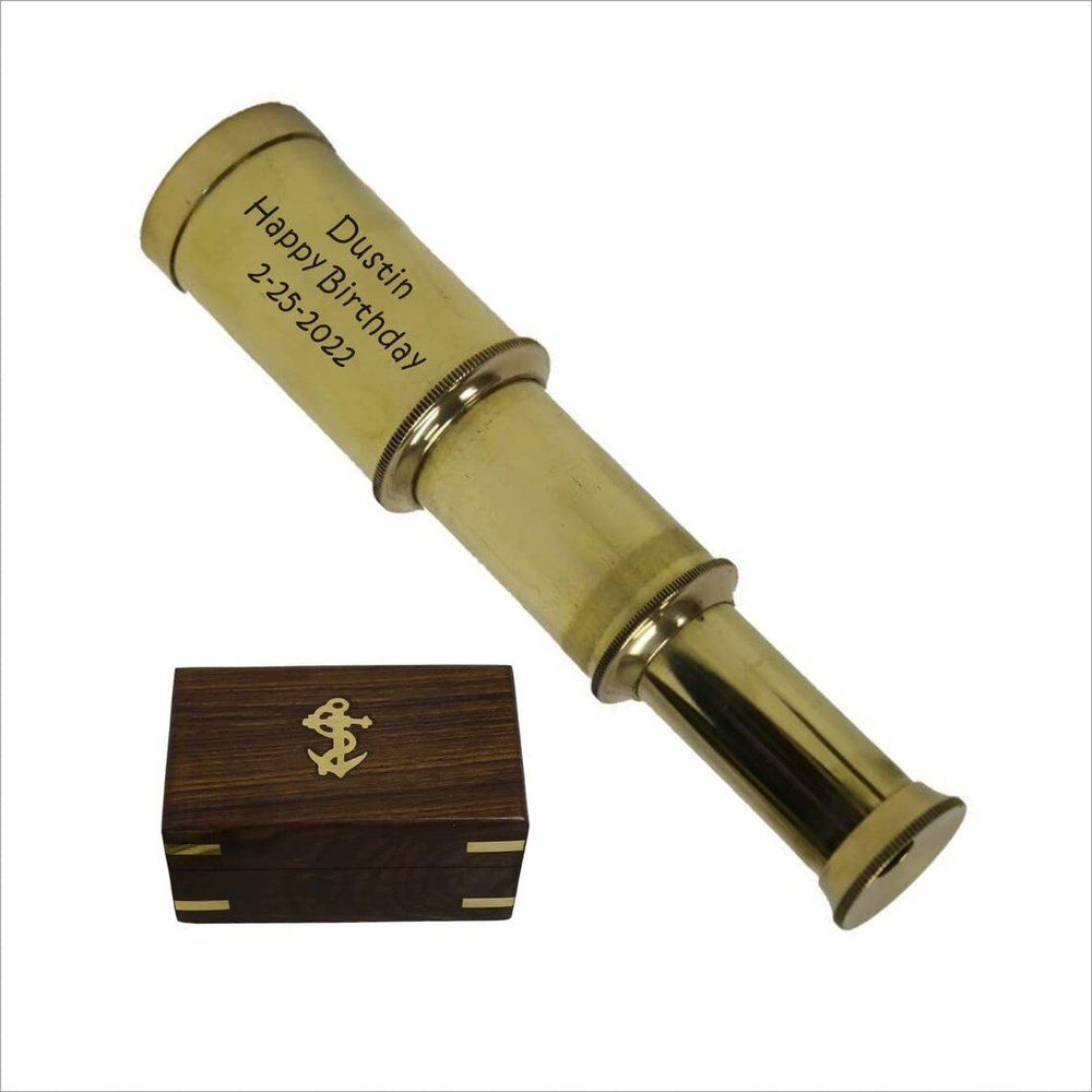 Personalized Engraved Solid Brass Handheld 6" Telescope - Customized Nautical Pirate Spy Glass with Wood Box