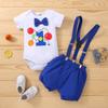 Baby Boys First 1st Birthday Cake Smash Outfit Diaper Cover + Suspenders + Bowtie + Headband for Photo Props Dark Blue 12-18 Months view 2
