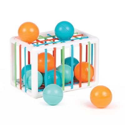 Ludi - Handling Cube - Early Learning Toys for Babies from 10 Months - Develops Thought, Fine Motor Skills, Touch & Discovery - 1 Elastic Cube + 12 Orange & Blue Balls with Funny Sound